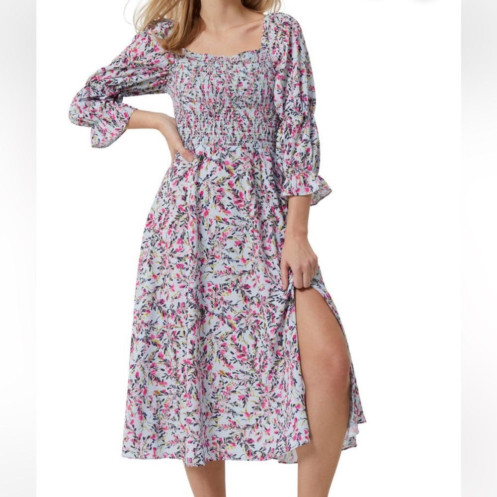 NWT French connection Floral Smocked Verona crepe Dress size L